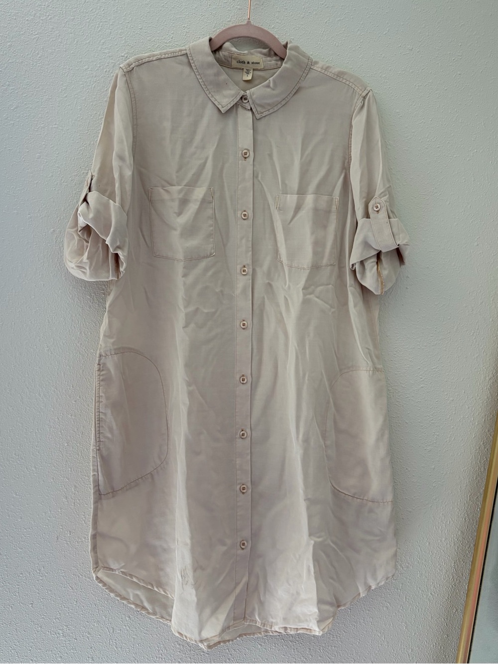 Casual Beige Button-Front Utility Shirt Dress Cloth and Stone Size Large